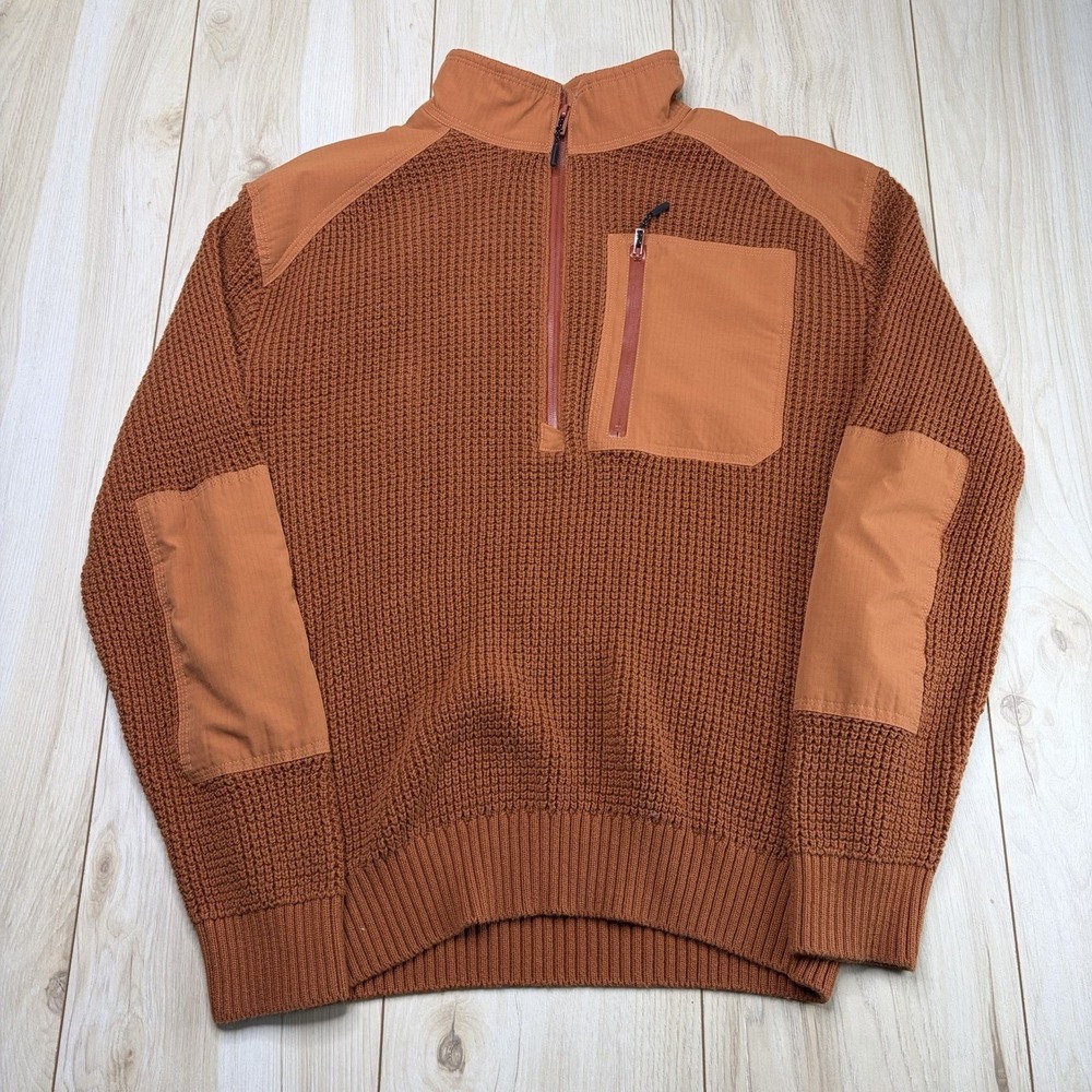 Bass Outdoor 1/4 Zip Chunky Knit Sweater Mens Medium Orange Zip Pocket